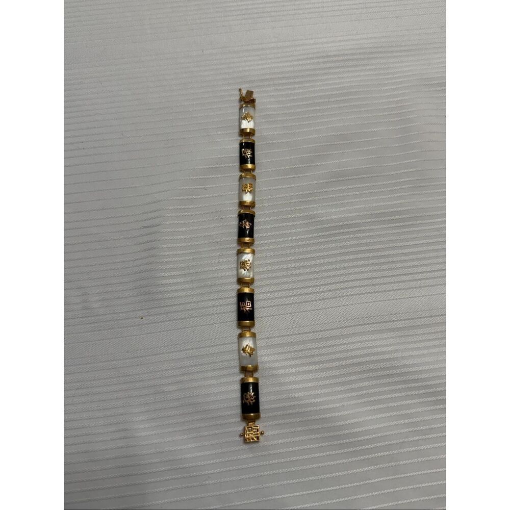 ONYX MOTHER OF PEARL GOLD VINTAGE BRACELET ORIENTAL MOTIF 8 Symbols - Picture 2 of 10